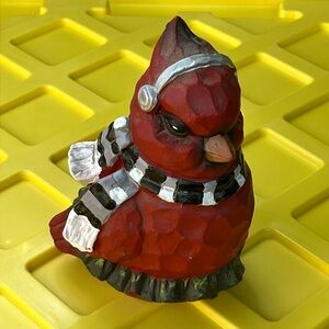 Carved resin rocking cardinal bird Figurine with Scarf and Headphones